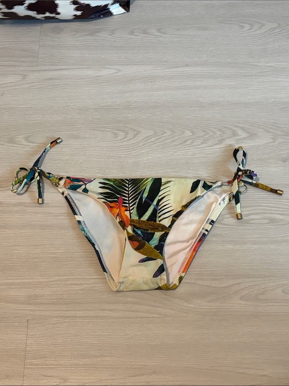 Vitamin A Tropical Leaf & Floral Tie-Side Bikini Bottom in Cream, Green, Orange